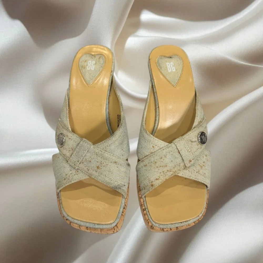 Y2K BG Denim Cork Heel Platform Square Toe Mules Size 7 Chunky‎
